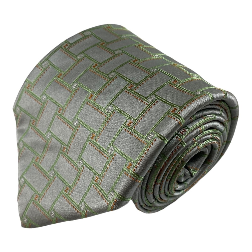 Zilli Silver Green Monogram Mens Pure Silk Tie 3.75 Inch Width LNWOT